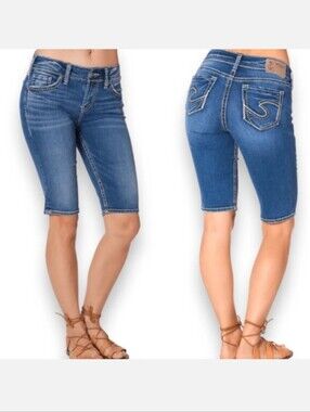 Silver Suki Mid Rise Bermuda Shorts Womens 30 Denim Dark Wash Contrast Stitching